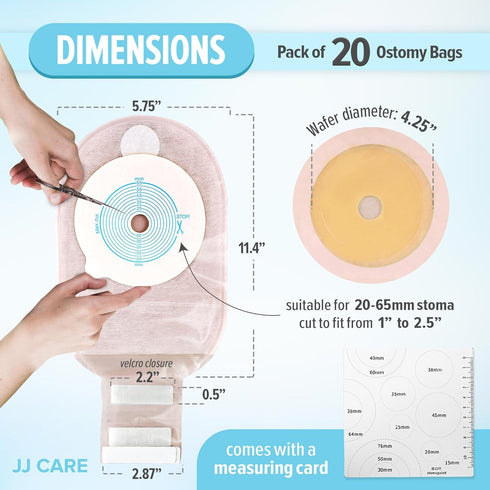 JJ CARE Colostomy Bags 20 PCS, One-Piece Pouching Ostomy Bags, No Mess Ostomy Supplies for Ileostomy, Colostomy, Urostomy Stoma Care with Odor Barrier, Drainable Ostomy Pouch with Cut to Fit Closure